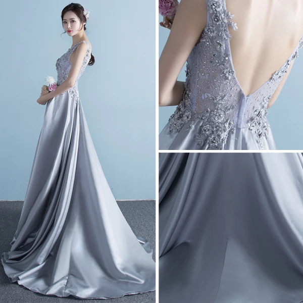 Chic / Belle Gris Robe De Soirée 2017 Princesse V-Cou Sans Manches Appliques Fleur Faux Diamant Paillettes Tribunal Train Volants Dos Nu Robe De Ceremonie