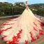 Schöne Champagner Durchsichtige Brautkleider / Hochzeitskleider 2018 Ballkleid Rundhalsausschnitt Lange Ärmel Rückenfreies Rot Applikationen Spitze Perlenstickerei Kathedrale Schleppe Rüschen
