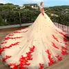 Chic / Beautiful Champagne See-through Wedding Dresses 2018 Ball Gown Scoop Neck Long Sleeve Backless Red Appliques Lace Beading Cathedral Train Ruffle