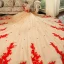 Schöne Champagner Durchsichtige Brautkleider / Hochzeitskleider 2018 Ballkleid Rundhalsausschnitt Lange Ärmel Rückenfreies Rot Applikationen Spitze Perlenstickerei Kathedrale Schleppe Rüschen