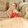 Chic / Beautiful Champagne See-through Wedding Dresses 2018 Ball Gown Scoop Neck Long Sleeve Backless Red Appliques Lace Beading Cathedral Train Ruffle