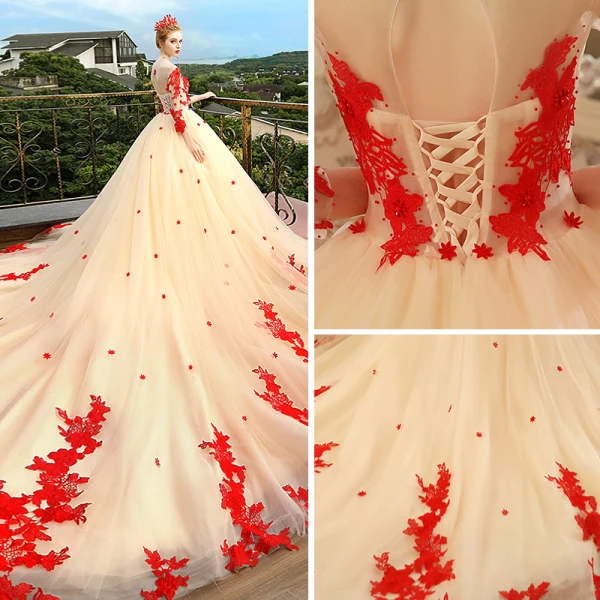 Schöne Champagner Durchsichtige Brautkleider / Hochzeitskleider 2018 Ballkleid Rundhalsausschnitt Lange Ärmel Rückenfreies Rot Applikationen Spitze Perlenstickerei Kathedrale Schleppe Rüschen