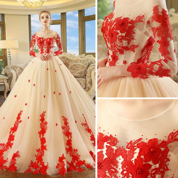 Schöne Champagner Durchsichtige Brautkleider / Hochzeitskleider 2018 Ballkleid Rundhalsausschnitt Lange Ärmel Rückenfreies Rot Applikationen Spitze Perlenstickerei Kathedrale Schleppe Rüschen