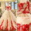 Schöne Champagner Durchsichtige Brautkleider / Hochzeitskleider 2018 Ballkleid Rundhalsausschnitt Lange Ärmel Rückenfreies Rot Applikationen Spitze Perlenstickerei Kathedrale Schleppe Rüschen