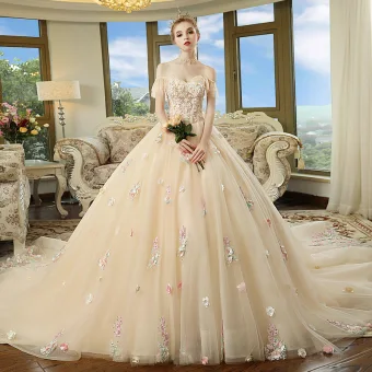 Chic Beautiful Champagne Wedding Dresses 2018 Ball Gown Off The Shoulder Short Sleeve Backless Multi Colors Appliques Flower Beading Cathedral Train Ruffle