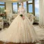 Chic / Beautiful Champagne Wedding Dresses 2018 Ball Gown Off-The-Shoulder Short Sleeve Backless Multi-Colors Appliques Flower Beading Cathedral Train Ruffle