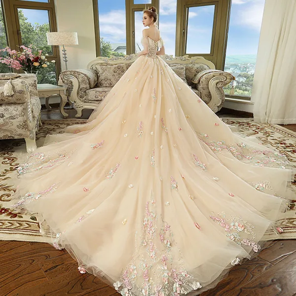 Chic / Beautiful Champagne Wedding Dresses 2018 Ball Gown Off-The-Shoulder Short Sleeve Backless Multi-Colors Appliques Flower Beading Cathedral Train Ruffle