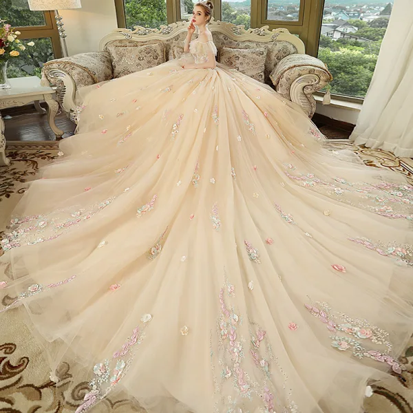 Chic / Beautiful Champagne Wedding Dresses 2018 Ball Gown Off-The-Shoulder Short Sleeve Backless Multi-Colors Appliques Flower Beading Cathedral Train Ruffle
