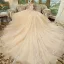 Chic / Beautiful Champagne Wedding Dresses 2018 Ball Gown Off-The-Shoulder Short Sleeve Backless Multi-Colors Appliques Flower Beading Cathedral Train Ruffle