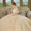Chic / Beautiful Champagne Wedding Dresses 2018 Ball Gown Off-The-Shoulder Short Sleeve Backless Multi-Colors Appliques Flower Beading Cathedral Train Ruffle