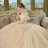Chic / Beautiful Champagne Wedding Dresses 2018 Ball Gown Off-The-Shoulder Short Sleeve Backless Multi-Colors Appliques Flower Beading Cathedral Train Ruffle