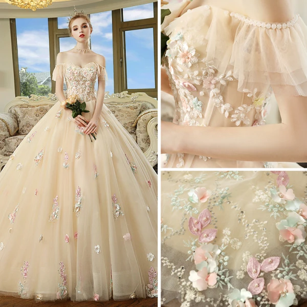 Chic / Beautiful Champagne Wedding Dresses 2018 Ball Gown Off-The-Shoulder Short Sleeve Backless Multi-Colors Appliques Flower Beading Cathedral Train Ruffle