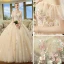 Chic / Beautiful Champagne Wedding Dresses 2018 Ball Gown Off-The-Shoulder Short Sleeve Backless Multi-Colors Appliques Flower Beading Cathedral Train Ruffle