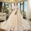Chic / Beautiful Champagne Wedding Dresses 2018 Ball Gown Off-The-Shoulder Short Sleeve Backless Appliques Lace Pearl Glitter Tulle Cathedral Train Ruffle