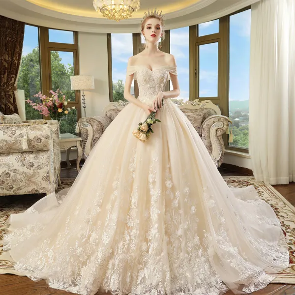 Chic / Beautiful Champagne Wedding Dresses 2018 Ball Gown Off-The-Shoulder Short Sleeve Backless Appliques Lace Pearl Glitter Tulle Cathedral Train Ruffle