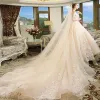 Chic / Beautiful Champagne Wedding Dresses 2018 Ball Gown Off-The-Shoulder Short Sleeve Backless Appliques Lace Pearl Glitter Tulle Cathedral Train Ruffle