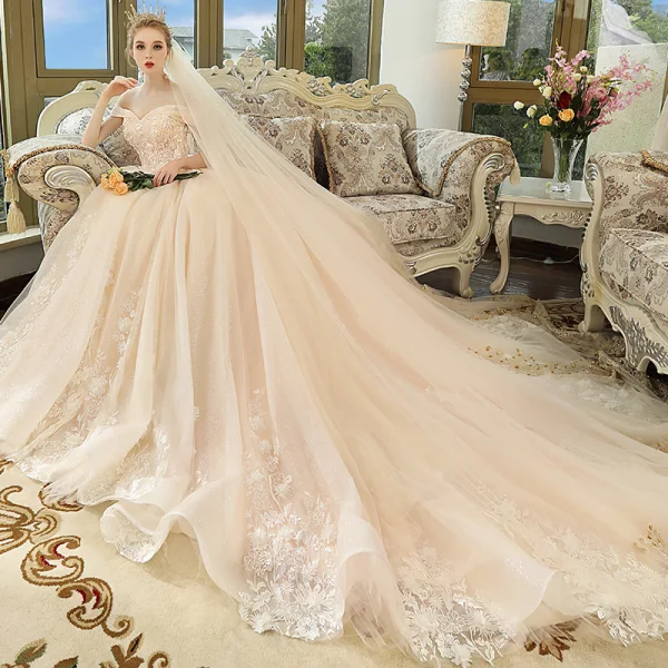 Chic / Beautiful Champagne Wedding Dresses 2018 Ball Gown Off-The-Shoulder Short Sleeve Backless Appliques Lace Pearl Glitter Tulle Cathedral Train Ruffle