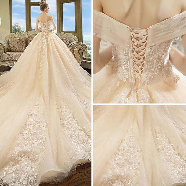 Chic / Beautiful Champagne Wedding Dresses 2018 Ball Gown Off-The-Shoulder Short Sleeve Backless Appliques Lace Pearl Glitter Tulle Cathedral Train Ruffle