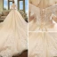 Chic / Beautiful Champagne Wedding Dresses 2018 Ball Gown Off-The-Shoulder Short Sleeve Backless Appliques Lace Pearl Glitter Tulle Cathedral Train Ruffle