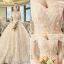 Chic / Beautiful Champagne Wedding Dresses 2018 Ball Gown Off-The-Shoulder Short Sleeve Backless Appliques Lace Pearl Glitter Tulle Cathedral Train Ruffle