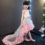 Chic / Belle Gris Transparentes Robe Ceremonie Fille 2018 Princesse Perlage Perle Encolure Dégagée Sans Manches Appliques Fleur Noeud Ceinture Asymétrique Volants Dos Nu Robe Pour Mariage