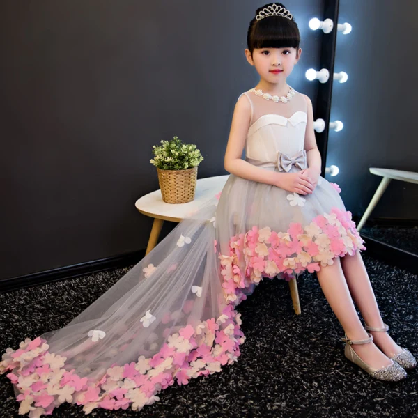 Chic / Belle Gris Transparentes Robe Ceremonie Fille 2018 Princesse Perlage Perle Encolure Dégagée Sans Manches Appliques Fleur Noeud Ceinture Asymétrique Volants Dos Nu Robe Pour Mariage
