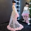 Chic / Belle Gris Transparentes Robe Ceremonie Fille 2018 Princesse Perlage Perle Encolure Dégagée Sans Manches Appliques Fleur Noeud Ceinture Asymétrique Volants Dos Nu Robe Pour Mariage