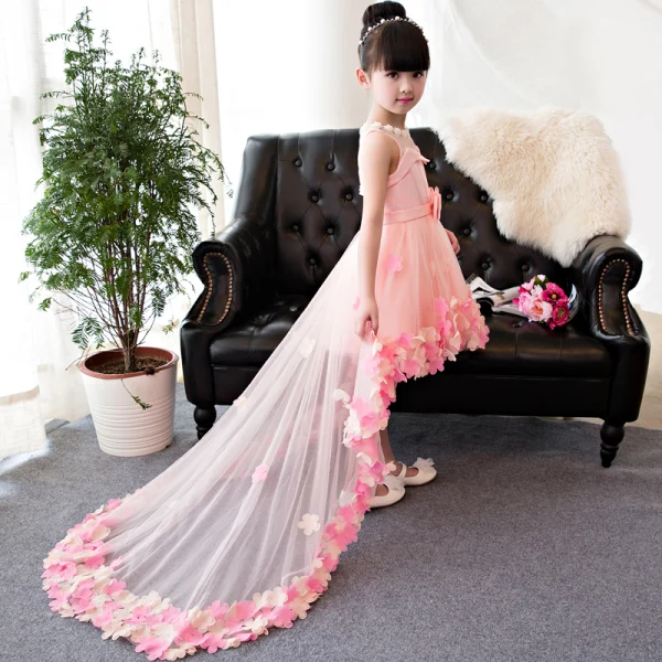 Chic / Belle Gris Transparentes Robe Ceremonie Fille 2018 Princesse Perlage Perle Encolure Dégagée Sans Manches Appliques Fleur Noeud Ceinture Asymétrique Volants Dos Nu Robe Pour Mariage