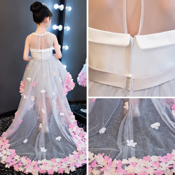 Chic / Belle Gris Transparentes Robe Ceremonie Fille 2018 Princesse Perlage Perle Encolure Dégagée Sans Manches Appliques Fleur Noeud Ceinture Asymétrique Volants Dos Nu Robe Pour Mariage
