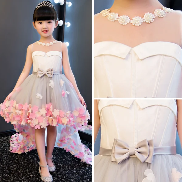 Chic / Belle Gris Transparentes Robe Ceremonie Fille 2018 Princesse Perlage Perle Encolure Dégagée Sans Manches Appliques Fleur Noeud Ceinture Asymétrique Volants Dos Nu Robe Pour Mariage