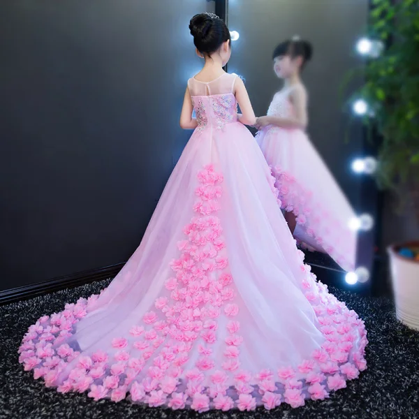 Chic / Beautiful Candy Pink See-through Flower Girl Dresses 2018 A-Line / Princess Scoop Neck Sleeveless Sequins Appliques Flower Asymmetrical Ruffle Wedding Party Dresses