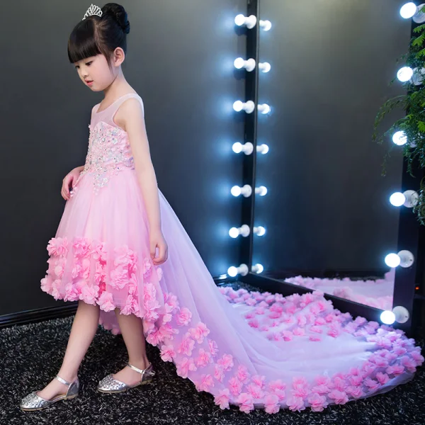 Chic / Beautiful Candy Pink See-through Flower Girl Dresses 2018 A-Line / Princess Scoop Neck Sleeveless Sequins Appliques Flower Asymmetrical Ruffle Wedding Party Dresses