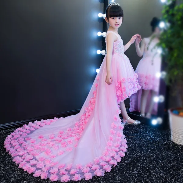 Chic / Beautiful Candy Pink See-through Flower Girl Dresses 2018 A-Line / Princess Scoop Neck Sleeveless Sequins Appliques Flower Asymmetrical Ruffle Wedding Party Dresses
