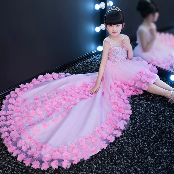 Chic / Beautiful Candy Pink See-through Flower Girl Dresses 2018 A-Line / Princess Scoop Neck Sleeveless Sequins Appliques Flower Asymmetrical Ruffle Wedding Party Dresses