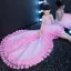 Chic / Beautiful Candy Pink See-through Flower Girl Dresses 2018 A-Line / Princess Scoop Neck Sleeveless Sequins Appliques Flower Asymmetrical Ruffle Wedding Party Dresses
