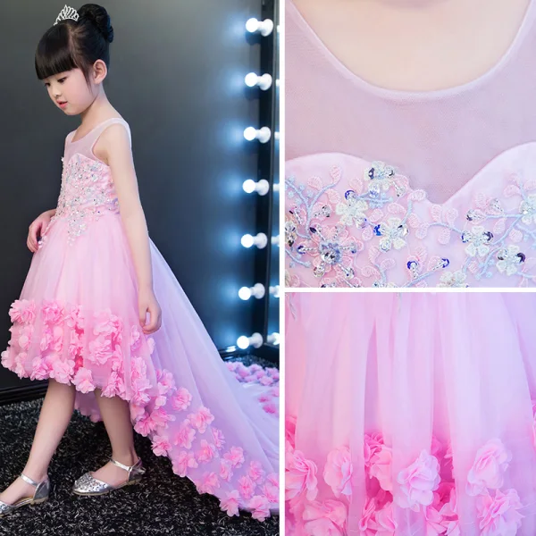 Chic / Beautiful Candy Pink See-through Flower Girl Dresses 2018 A-Line / Princess Scoop Neck Sleeveless Sequins Appliques Flower Asymmetrical Ruffle Wedding Party Dresses