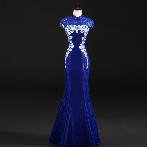 Chinese Style Royal Blue Evening Dresses 2018 Trumpet Mermaid Pierced High Neck Sleeveless Appliques Flower Rhinestone Beading Tassel Floor Length Long Formal Dresses
