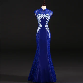 Chinese Style Royal Blue Evening Dresses 2018 Trumpet Mermaid Pierced High Neck Sleeveless Appliques Flower Rhinestone Beading Tassel Floor Length Long Formal Dresses