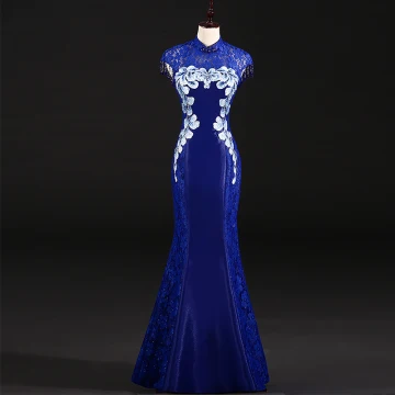 Style Chinois Bleu Roi Robe De Soirée 2018 Trompette Sirène Percé Col Haut Sans Manches Appliques Fleur Faux Diamant Perlage Gland Longue Robe De Ceremonie