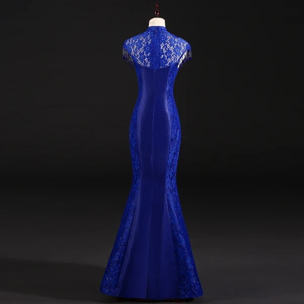 Chinese style Royal Blue Evening Dresses 2018 Trumpet / Mermaid Pierced High Neck Sleeveless Appliques Flower Rhinestone Beading Tassel Floor-Length / Long Formal Dresses