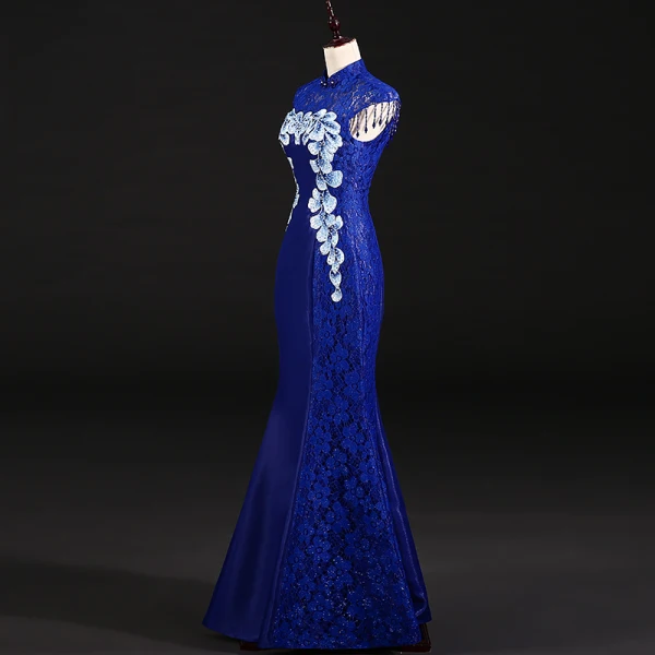 Chinese style Royal Blue Evening Dresses 2018 Trumpet / Mermaid Pierced High Neck Sleeveless Appliques Flower Rhinestone Beading Tassel Floor-Length / Long Formal Dresses