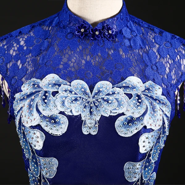 Chinese style Royal Blue Evening Dresses 2018 Trumpet / Mermaid Pierced High Neck Sleeveless Appliques Flower Rhinestone Beading Tassel Floor-Length / Long Formal Dresses
