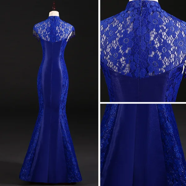 Chinese style Royal Blue Evening Dresses 2018 Trumpet / Mermaid Pierced High Neck Sleeveless Appliques Flower Rhinestone Beading Tassel Floor-Length / Long Formal Dresses