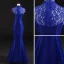 Chinese style Royal Blue Evening Dresses  2018 Trumpet / Mermaid Pierced High Neck Sleeveless Appliques Flower Rhinestone Beading Tassel Floor-Length / Long Formal Dresses