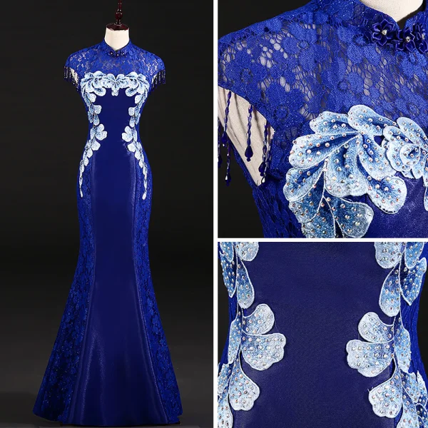 Chinese style Royal Blue Evening Dresses 2018 Trumpet / Mermaid Pierced High Neck Sleeveless Appliques Flower Rhinestone Beading Tassel Floor-Length / Long Formal Dresses