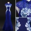 Chinese style Royal Blue Evening Dresses  2018 Trumpet / Mermaid Pierced High Neck Sleeveless Appliques Flower Rhinestone Beading Tassel Floor-Length / Long Formal Dresses