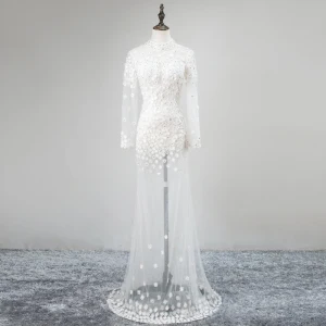 Moderne Mode Blanche Transparentes Robe De Soirée 2018 Trompette Sirène Col Haut Manches Longues Appliques En Dentelle Fleur Faux Diamant Longue Robe De Ceremonie