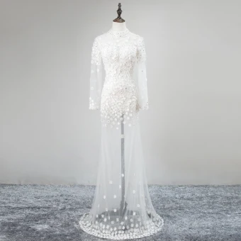 Moderne Mode Blanche Transparentes Robe De Soirée 2018 Trompette Sirène Col Haut Manches Longues Appliques En Dentelle Fleur Faux Diamant Longue Robe De Ceremonie