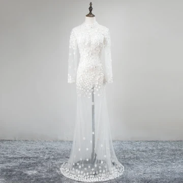 Modern Witte Doorzichtige Avondjurken 2018 Trompet Zeemeermin Hoge Kraag Lange Mouwen Appliques Kant Bloem Rhinestone Lange Gelegenheid Jurken