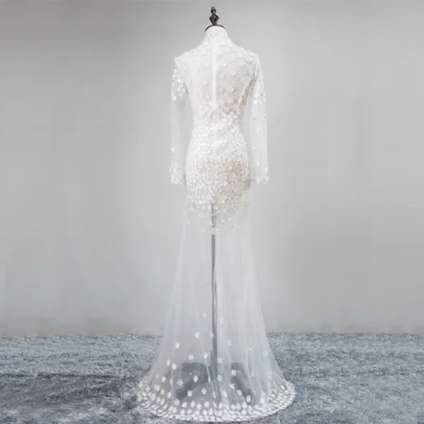 Modern / Fashion White See-through Evening Dresses 2018 Trumpet / Mermaid High Neck Long Sleeve Appliques Lace Flower Rhinestone Floor-Length / Long Formal Dresses